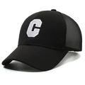 Black mesh baseball cap with white embroidered letter C, breathable outdoor sun hat style - Adjustable / Black With White Embroidery