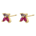 Detail of gold butterfly studs with purple round and magenta marquise crystals - Gold Rose Red & Purple Zircon