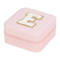 Portable pink travel jewelry box with golden-edged embroidered letter E and zipper - Letter E (No Mirror) (FS61) / 10x10x5cm