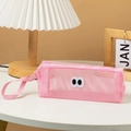 Pink mesh stationery bag with cartoon eyes and portable hand strap for students - Pink