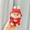 Labubu doll accessory featuring a red Elmo themed jumpsuit and matching hat - Red Sesame Bird Three-piece Jumpsuit / First And Second Generation Keychains Are Compatible With La Cloth Dolls. Dolls Not Included.
