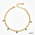 Golden stainless steel snake chain anklet featuring five rectangular green zircon pendants - Green Anklet (JAK363)