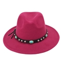 Detail of rose red wool felt fedora featuring turquoise stones and metal studs on leather band - Burgundy