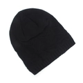 Detailed view of black knitted beanie with geometric diamond pattern and ribbed edge - Black