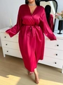 Elegant dark red satin midi robe for women with silk finish and waist tie closure - 3XL / Red