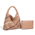 Handwoven khaki leather tote set with geometric stripes and matching zippered pouch - Pearl Milk Tea