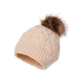 Beige knitted winter beanie for babies with a brown faux fur pom pom detail - One Size / Beige