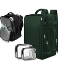 Versatile dark green travel backpack set with black storage bag and clear PVC toiletry pouches - Army Green