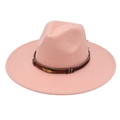 Detailed view of pink fedora hat with brown band and golden feather metal accessory - Adult (57-60cm) / Dusty Pink Heart (Gold Feather)