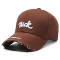 Distressed dark coffee baseball cap featuring Trick embroidery and frayed edge details - Adjustable / Coffee