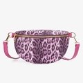 Fashionable women's crescent waist bag featuring a bold purple leopard print and gold zipper - Purple