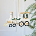 Ivory Christmas train ornament with gold accents hanging on a snowy holiday tree branch - 12*3.8*7cm