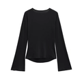 T-shirt casual nera da donna con girocollo ed eleganti maniche lunghe a campana - S / Nero