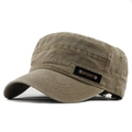 Khaki washed cotton flat top military cap with sport label and metal rivets for outdoors - Adjustable / Khaki