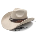Beige faux suede western cowboy hat with metal longhorn bull emblem and brown leather strap - M (56-58cm) / Beige