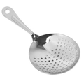Polished stainless steel cocktail strainer with circular perforations and hanging handle - Julep Spoon Strainer