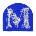 Détail du bonnet en tricot bleu avec motif jacquard M gris de style pixelisé - M (56-58cm) / Bleu