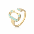 Detail of 18K gold plated ring with blue enamel horseshoe design and zircon stones - Adjustable Open / Light Blue