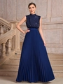 Elegant sleeveless navy blue pleated maxi dress with sequined bodice on stone steps - Navy Blue