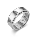 Stainless steel Viking spinner ring with Valknut symbols and Nordic runes on white background - US 12 / Silver