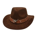 Brown faux suede western cowboy hat with studded leather band and silver bull head icon - One Size(Adjustable) / Coffee