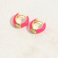 Vibrant hot pink enamel hoop earrings with a shiny gold frame in a minimalist style - Rose Red
