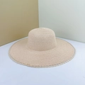 Beige wide brim straw sun hat with elegant scalloped lace edges for beach vacations - Pink