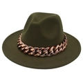 Olive green fedora hat featuring a chunky rose gold chain band on a white background - Army Green