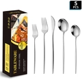 Modern 5-piece silver stainless steel cutlery set with elegant black gift box - 5-Piece Set (with Gift Box) / Silver