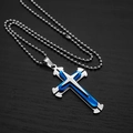 Three-layer cross pendant necklace in silver and blue stainless steel with bead chain - 60CM Bead Chain / Blue