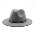 Detail of grey wide brim fedora hat with star studded black leather band trim - Light Gray