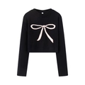 Pull court en tricot noir pour femme avec grand nœud rose et col rond classique - S / Noir