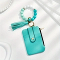 Mint silicone and wood beaded wristlet keychain with a matching leather card holder wallet - #4 Mint Green