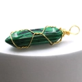 Green malachite hexagonal crystal pendant wrapped in elegant gold wire jewelry - Malachite-toned Stone