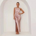 Elegant mauve satin midi dress featuring side ruching and a sophisticated high side slit - S / Pink
