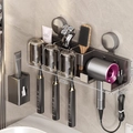 Gunmetal wall-mounted bathroom organizer with 3 cups and hair dryer holder, 36cm wide - 3-Person · Solid Cup + Dispenser