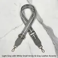 Adjustable wide grey woven shoulder strap with white arrow patterns and gold hooks - Light Gold Buckle / Light Grey with White Arrow - Grey Leather