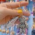 Luxury rhinestone bear keychain with black and white crystal inlay and white hand strap - Grey Black White