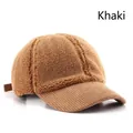 Khaki baseball cap featuring warm plush crown and corduroy brim for winter fashion - Adjustable / Khaki
