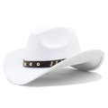 White felt western cowboy hat with brown leather band and gold metal rivets on top - White