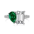 S925 silver ring featuring a green pear-cut stone and clear emerald-cut zircon gem - US 6 / Silver Color with Green Zirconia