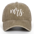 Close-up of white Mrs. embroidery and heart on vintage washed cotton baseball cap - Khaki Mrs.