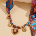 Bohemian gold necklace with vibrant floral silk fabric and heart sun pendants - 11# Necklace-Orange