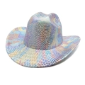 Close-up of holographic laser western cowboy hat with metallic scale texture and wide brim - M(56-58cm) / White
