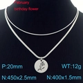 Double-layered stainless steel necklace with February birth flower engraved pendant - February Violet (Silver)