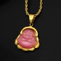 Détail du pendentif Bouddha Maitreya en pierre œil de chat rose et chaîne dorée - Rose