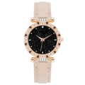 Women's rose gold tonneau watch with black starry dial and white leather strap - Wave Edge Starry Sky Watch / Off White