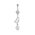 Silver stainless steel belly ring featuring double heart charms and zircon crystals - XY-8 Double Heart Zircon
