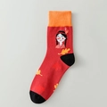 Red Halloween pumpkin mid-calf socks with Indian cartoon character and maple leaf pattern - 04 Thanksgiving-Red Indian Head Maple