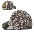 Thick warm leopard print knit baseball cap with criss-cross high ponytail hole design - Adjustable / Coffee Leopard